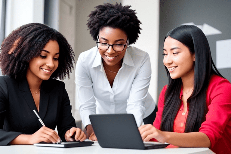 women looking at laptop on table