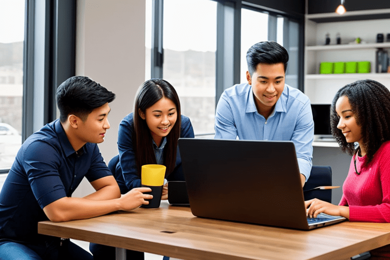video production team around a laptop